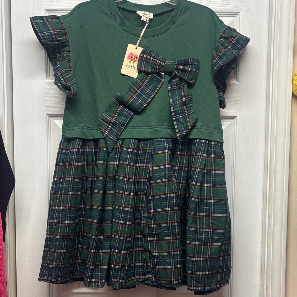 Entro Green Knit and Flannel Plaid Christmas Dress with Bow Ruffle Sleeve S New